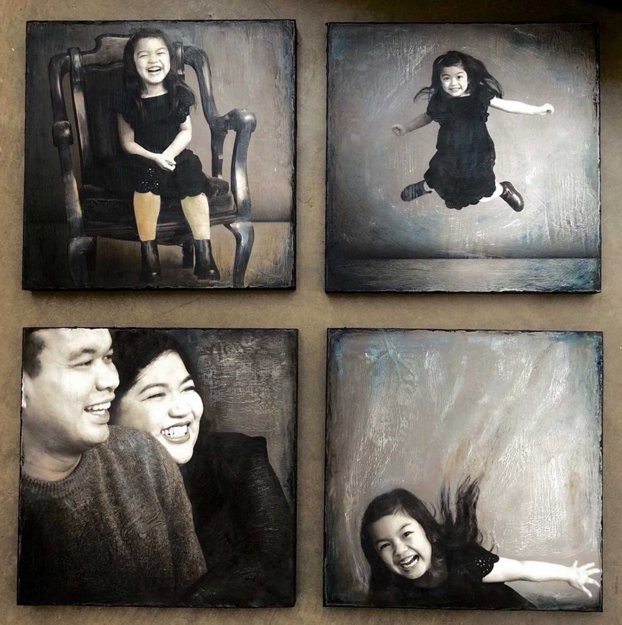 Serie de retratos familiares en técnica mixta de una niña y sus padres, realizados a mano con cera de abeja y óleo en cuatro paneles de encáustica.