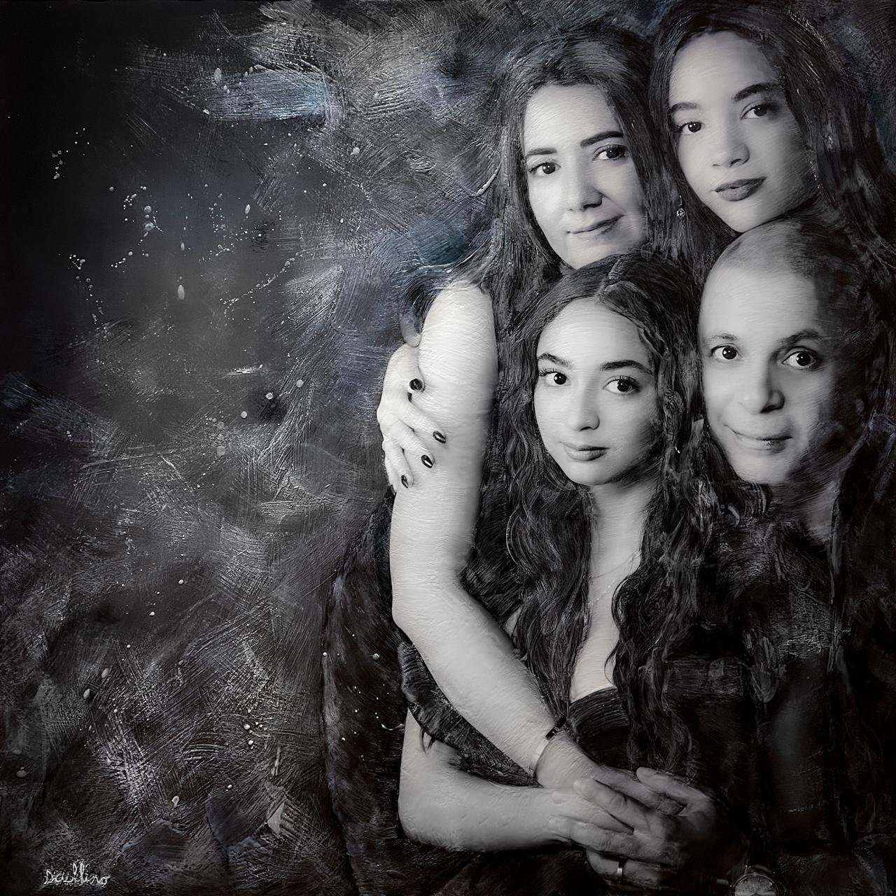 Portrait mixte d'une famille de quatre personnes avec des textures superposées et des coups de pinceau picturaux, capturant la chaleur et l'unité, par Jerome Art Photography.