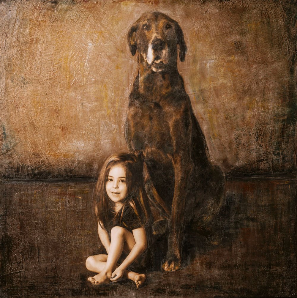 Mixed media portrait of a young girl sitting beside a large dog, both with warm, painterly textures and earthy tones, by Jerome Art Photography.