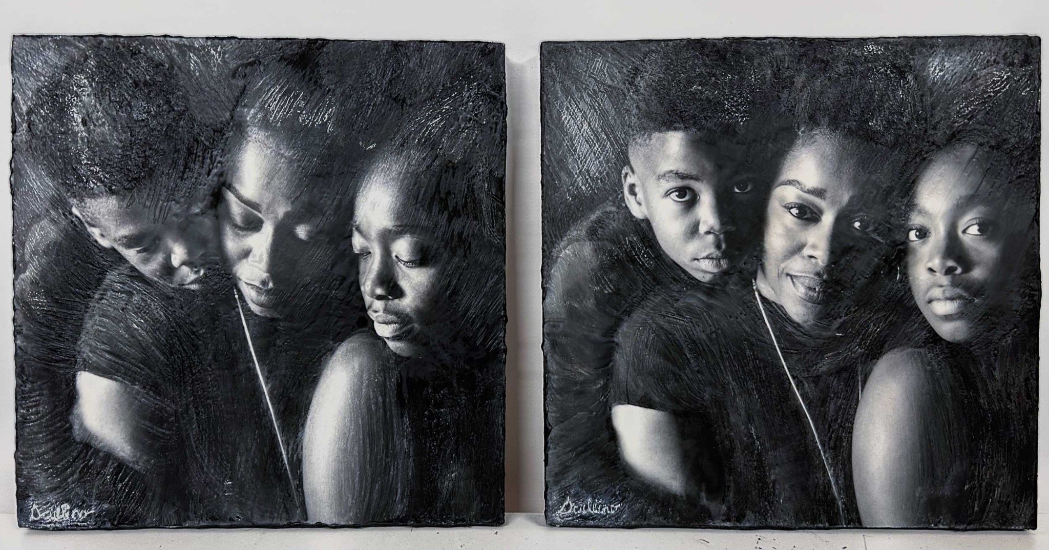 Mixed Media Diptych – Fine Art Portrait of Mother and Children by Jérôme Black and white mixed media diptych portrait of a mother with her two children, created with textured beeswax and oil overlay