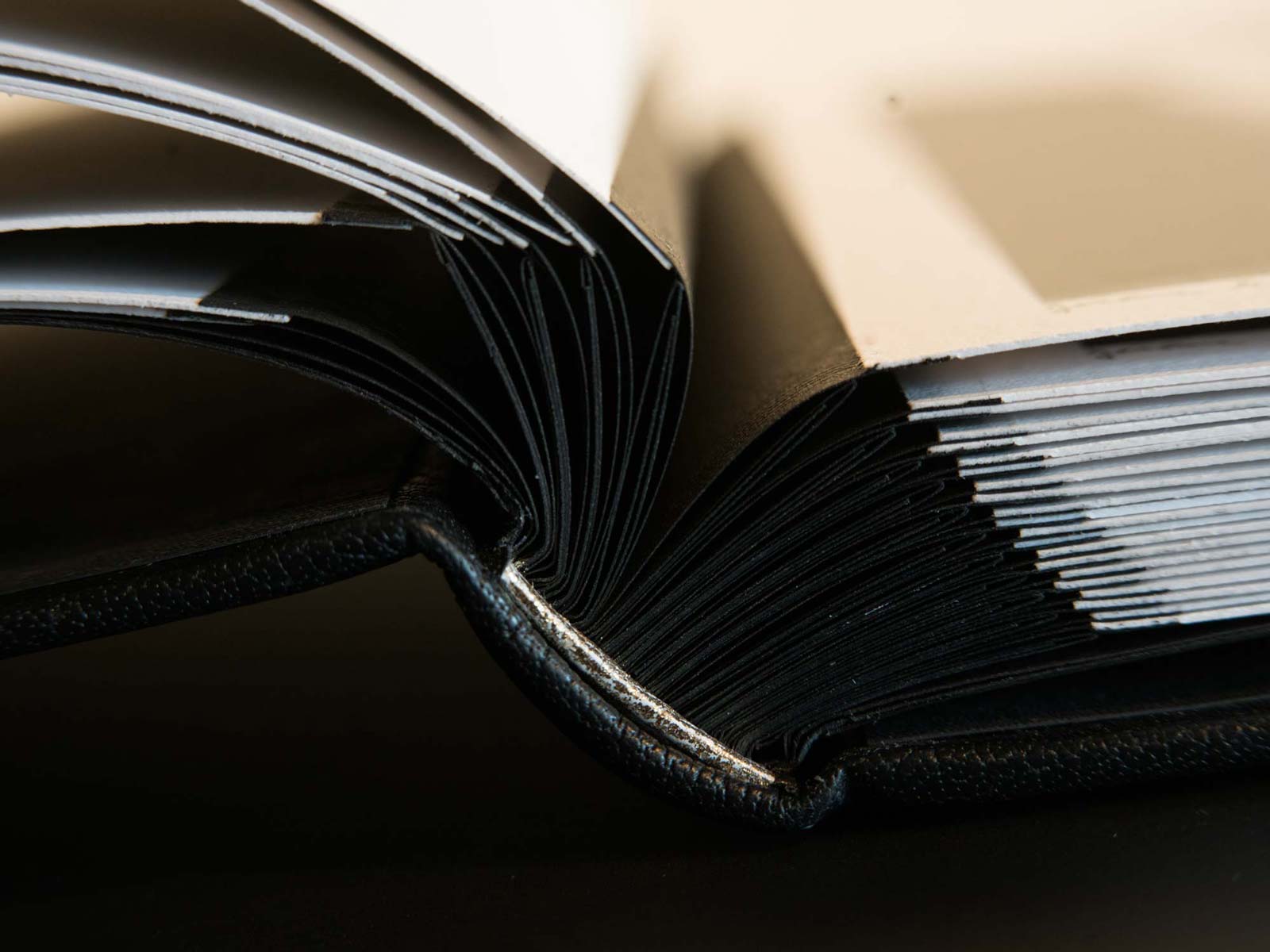 Close-up of a lay-flat folio spine with thick cotton rag pages showing archival construction.