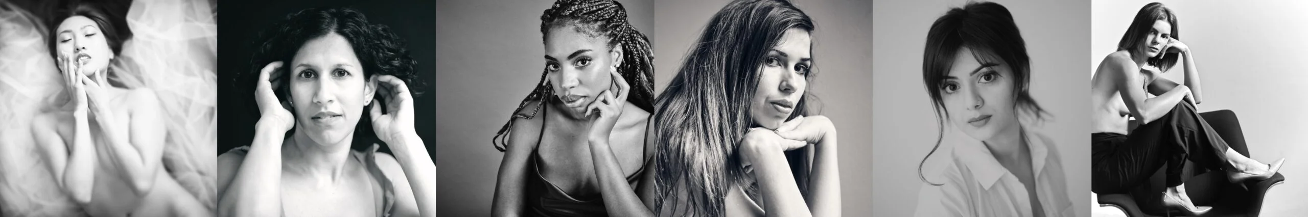 Six black-and-white beauty portraits of life-rich women—fine-art studio series for The Radiance Within.
