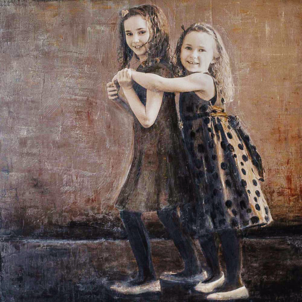 Mixed-media portrait of two young sisters dancing, soft focus with textured beeswax-and-oil surface.