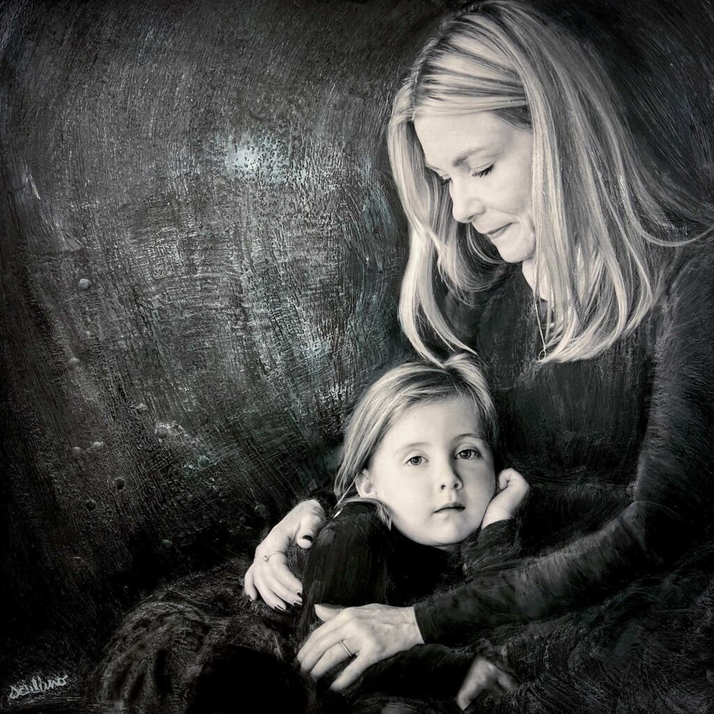 Mixed media black and white artwork of a mother gently cradling her young daughter, created by portrait artist Jérôme Scullino.