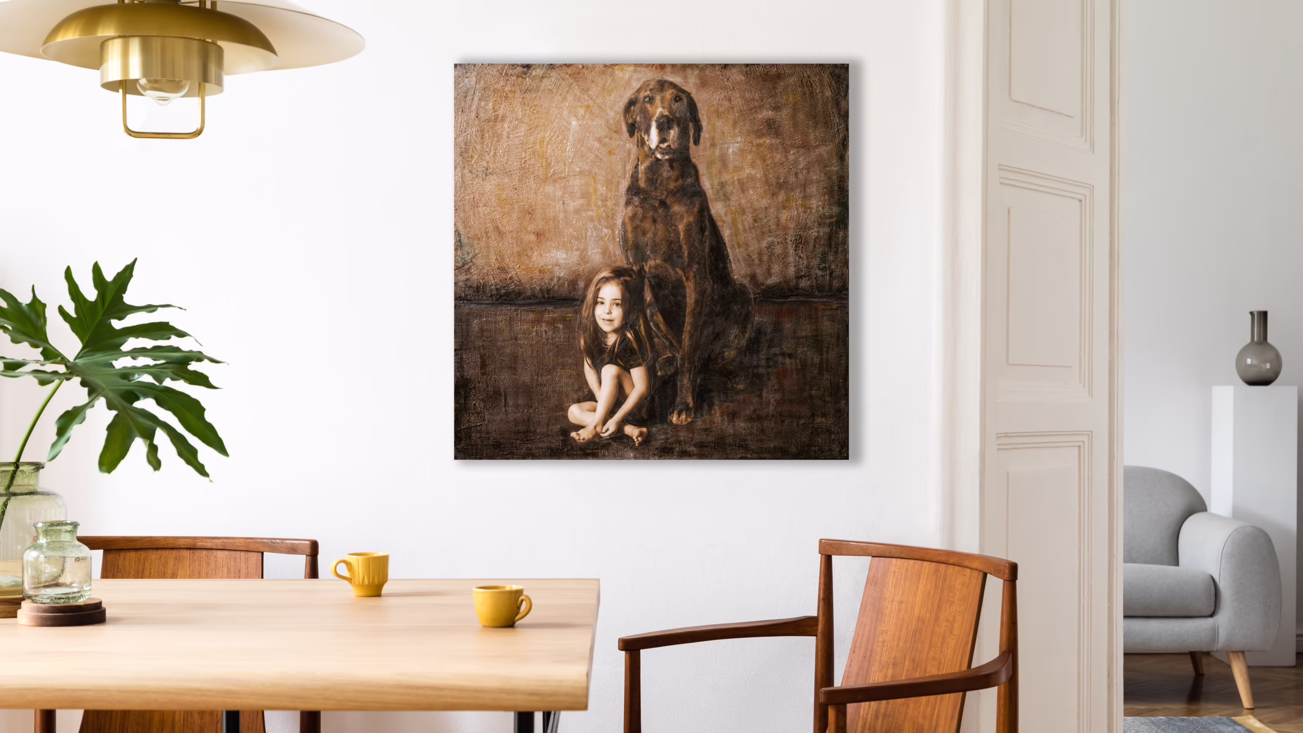 Obra de arte en técnica mixta que representa el retrato de una niña con un perro, expuesta en una vivienda de Toronto por Jérôme Scullino.