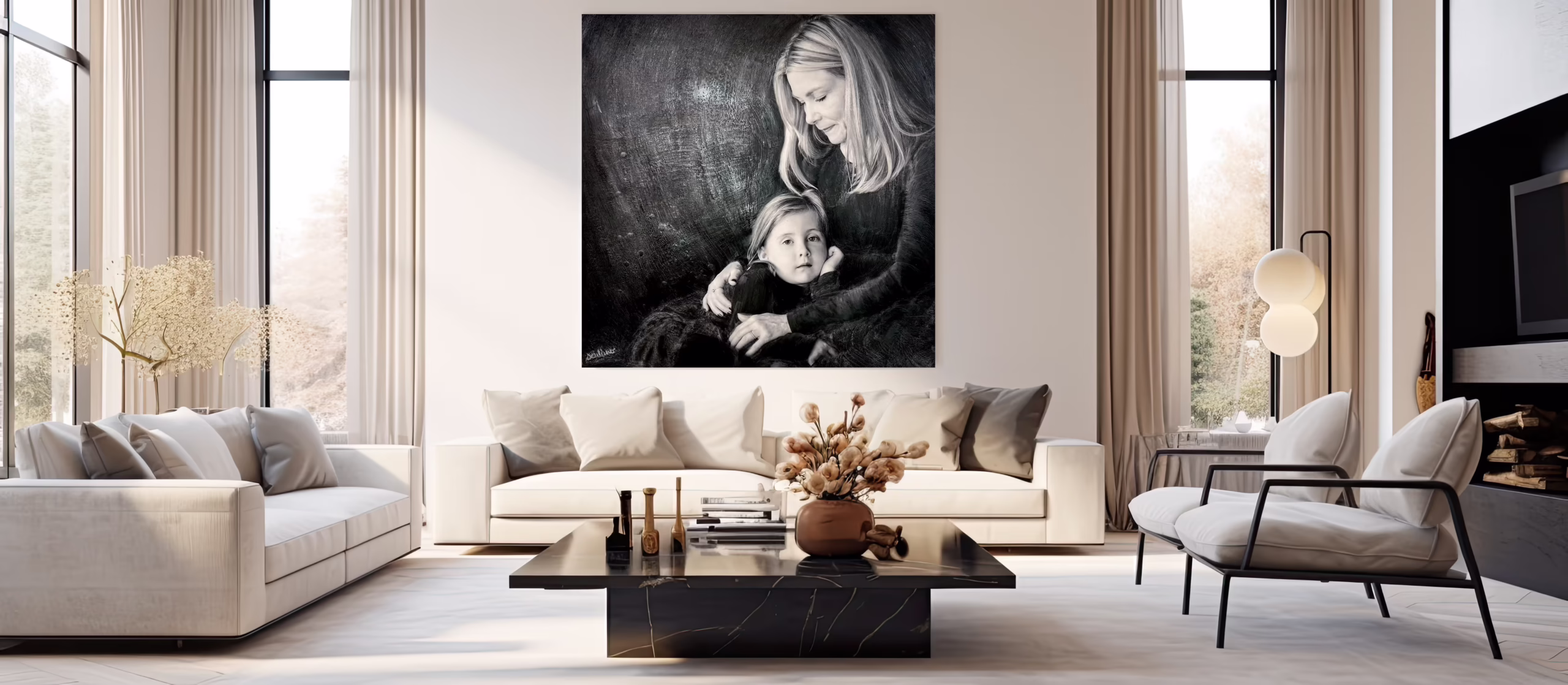 Mixed Media Portrait Commission — Mother and Daughter, Montreal Mixed Media fine art portrait of a mother and young daughter, large format commission displayed in a Montreal living room