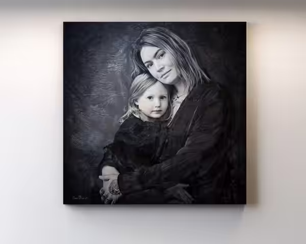Mother and Daughter Mixed Media Portrait Displayed in a Home Large mixed media mother and daughter portrait displayed in a contemporary home.