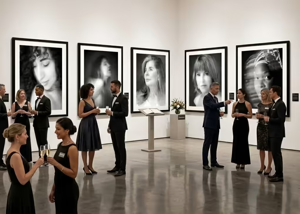 Monochrome Portrait Photography Exhibition | Jérôme Scullino Gallery exhibition scene with guests and five large framed monochrome portraits by Jérôme Scullino